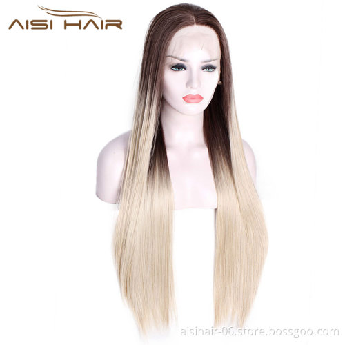 Good Quality Lace Front Wigs Silk Straight Blonde Ombre Synthetic Long Wigs Heat Resistant Synthetic Fiber Wigs